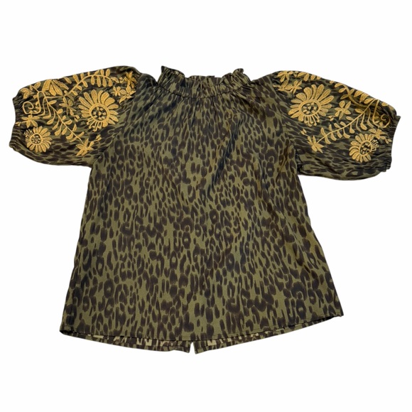 THML Tops - THML Olive Leopard Print Blouse w Tan Embroidered Puff Sleeves Size M